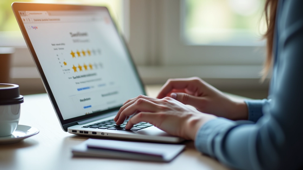 Customer typing positive review on computer with Google Business Profile visible on screen